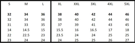 SA19 Size Chart